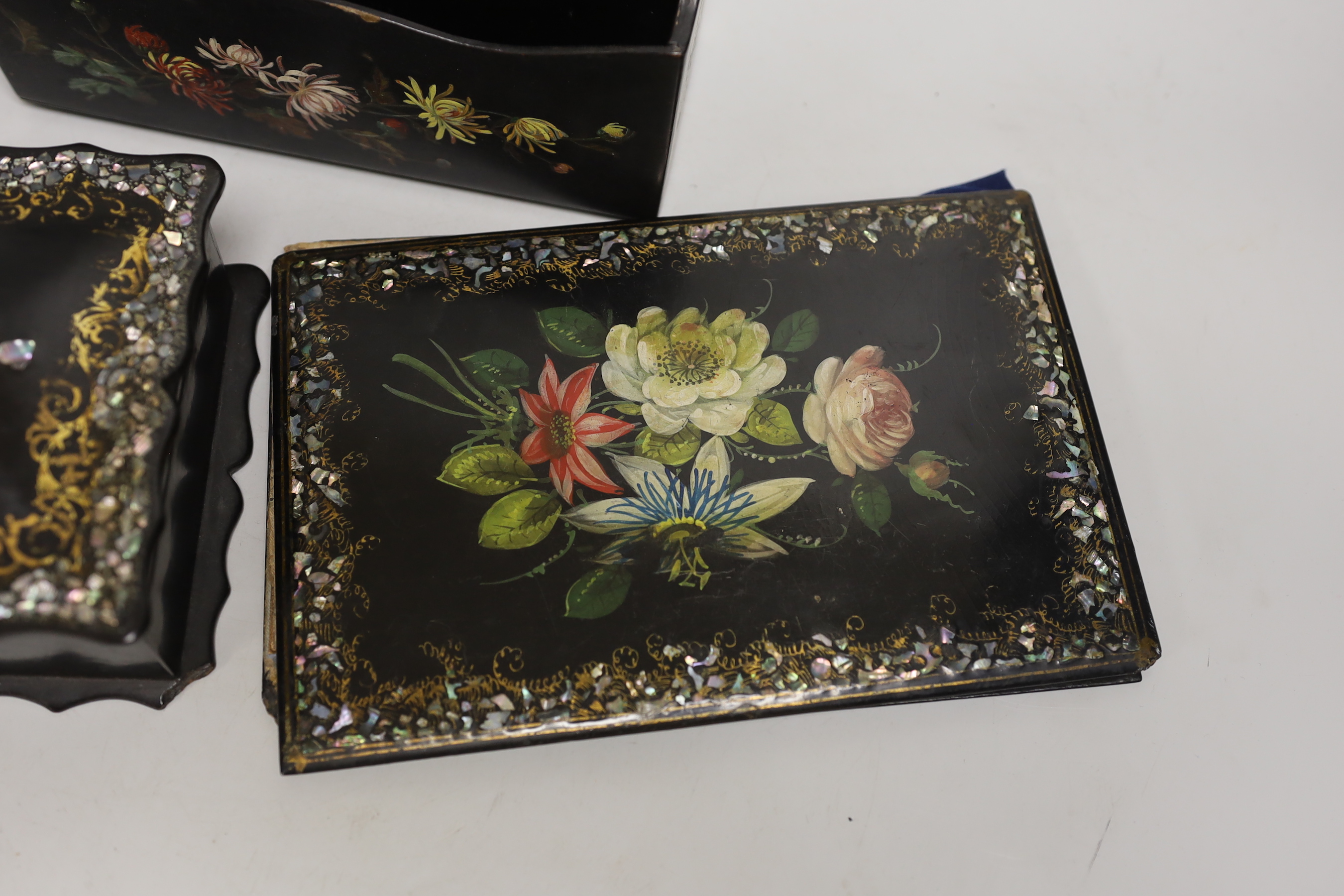 A Victorian mother of pearl papier mache box and blotter and a similar letter rack, box 17.5cm wide, 13cm deep